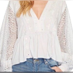 Free People White Lace Balloon Sleeve Embroidered Peplum V-Neck Blouse Top